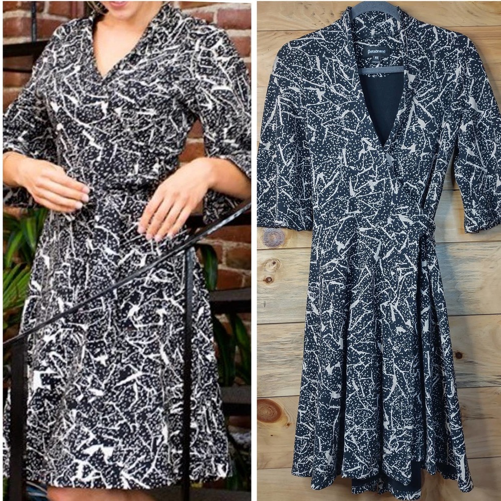 Betabrand Kimono Style fleece lined wrap dress XS black art deco print